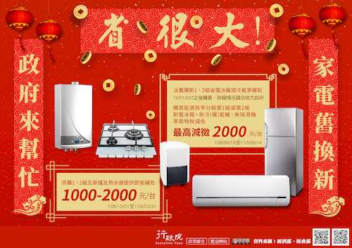 政府推出兩種汰舊換新補助,中央推出「貨物稅退稅/減免」,各縣市也有「汰舊換新節能補助」。