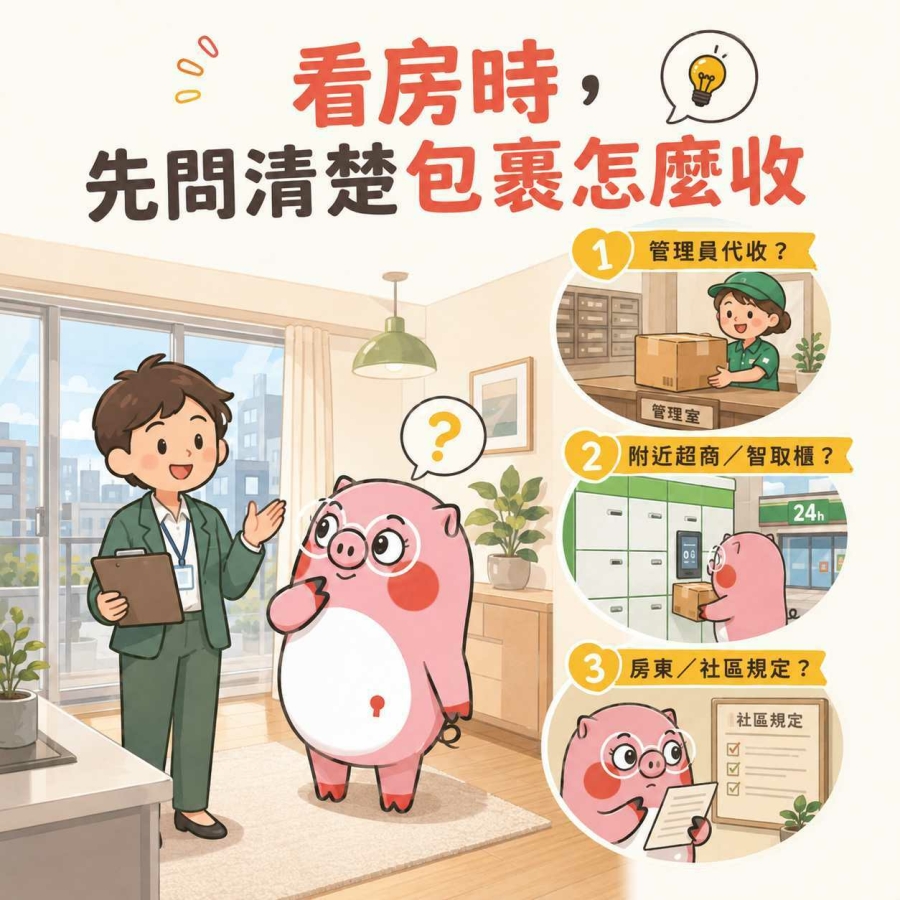 看房前問清楚是否有管理員代收？附近有超商或智取櫃可以領包裹嗎？房東社區取包裹有什麼規定？