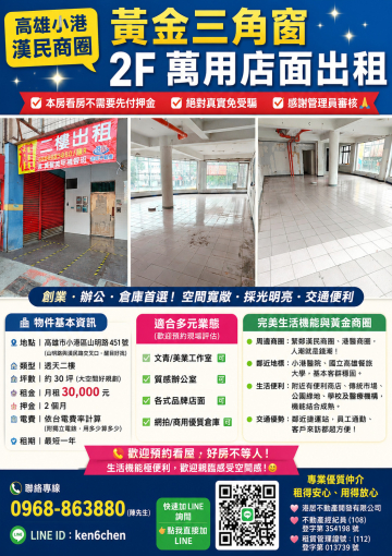 📢 高雄小港漢民商圈|黃金三角窗 2F 萬用店面出租 ✨(第1張)